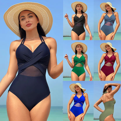 Pure Color Mesh Bikini Swimsuit One Piece Swimsuit Women's Summer