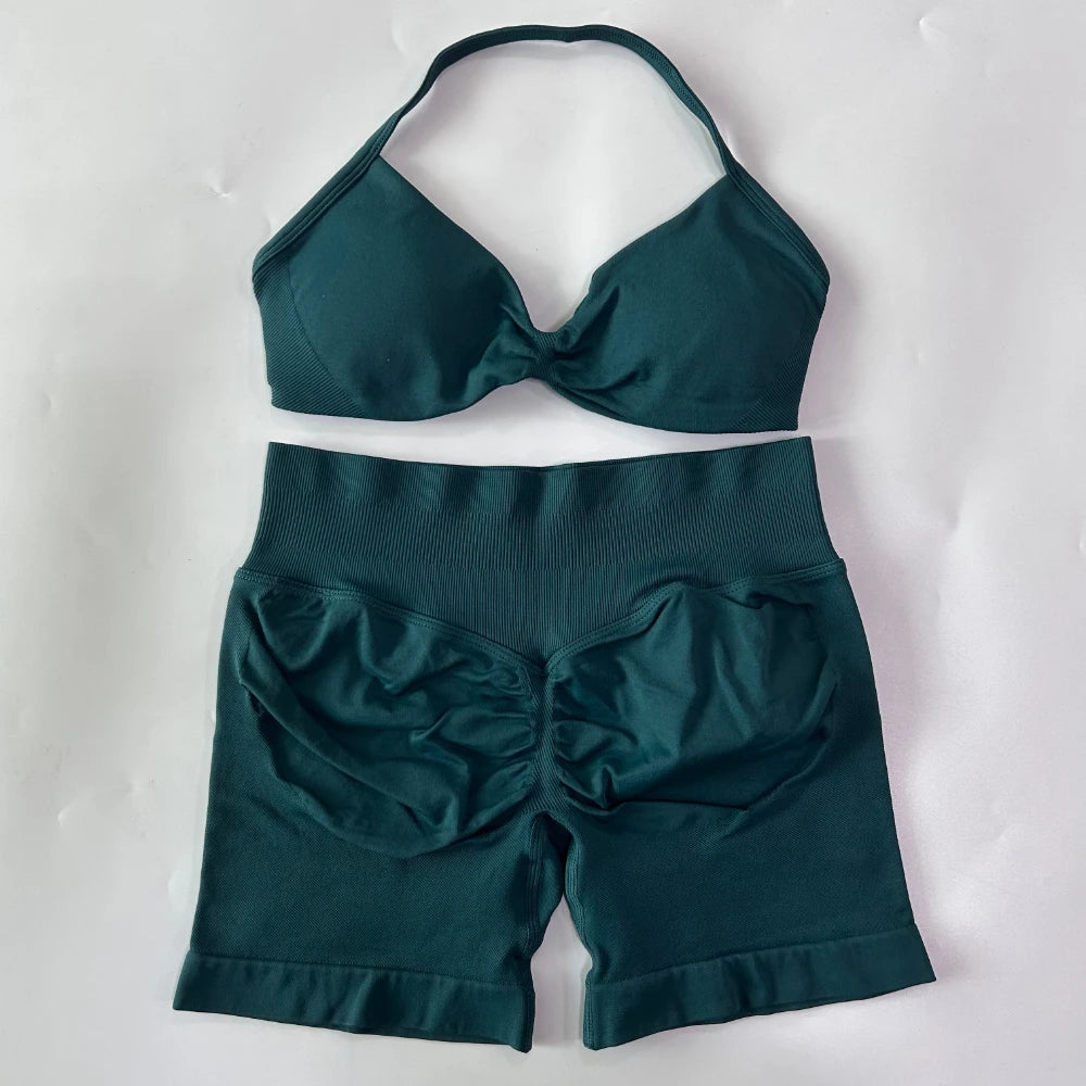 2PCS Gym Set Women Strappy Yoga Bra Top High Waist Workout Scrunch Shorts Sports Suit Seamless Yoga Set Fitness Clothes