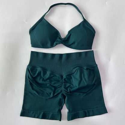 2PCS Gym Set Women Strappy Yoga Bra Top High Waist Workout Scrunch Shorts Sports Suit Seamless Yoga Set Fitness Clothes