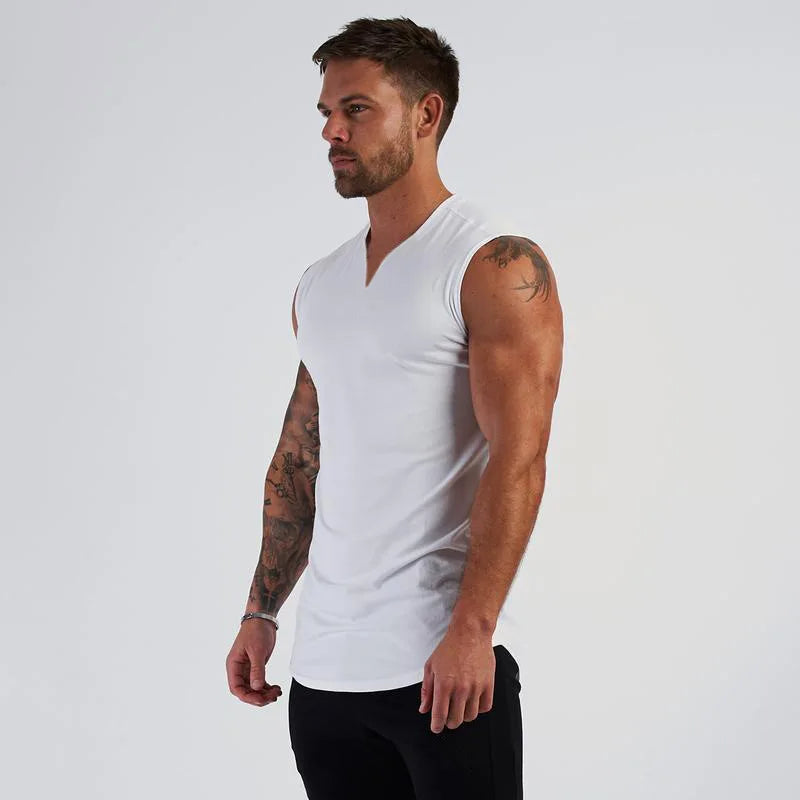Cotton V-neck Fitness Tank Top Men Summer Muscle Vest Gym Clothing Bodybuilding Sleeveless Shirt Workout Sports Singlets
