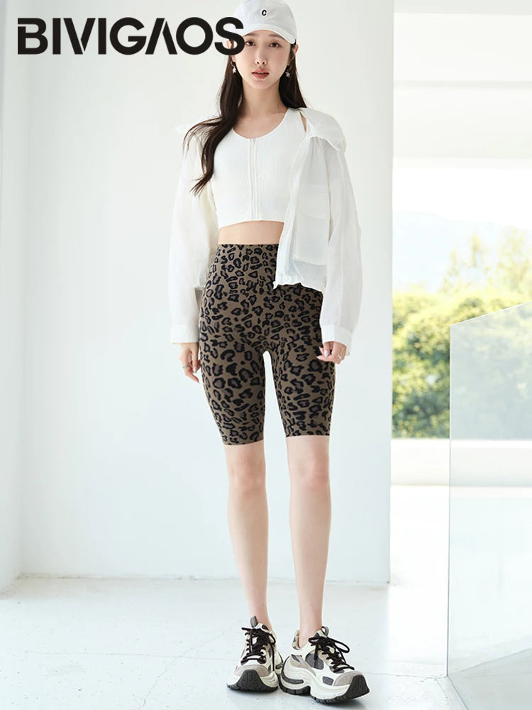 BIVIGAOS Summer Fashion Trend Leopard Print Cycling Shorts Women High Waist Tight Sport Short Leggings Fitness Biker Shorts