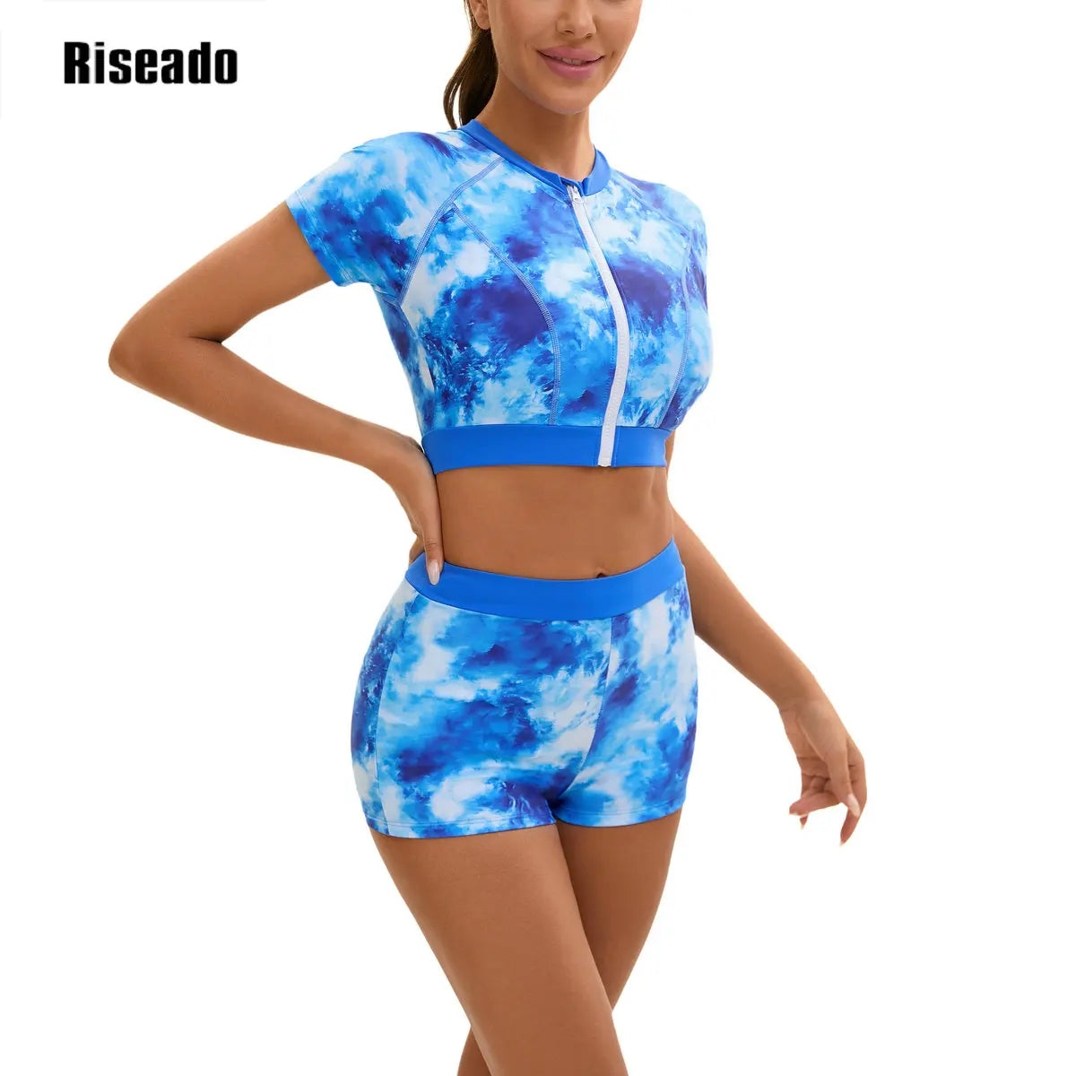 Women's 2 Piece Tankini Set Short Sleeve UPF 50+ Swim Shirt Built in Bra Bathing Suit with Boy shorts Bottoms