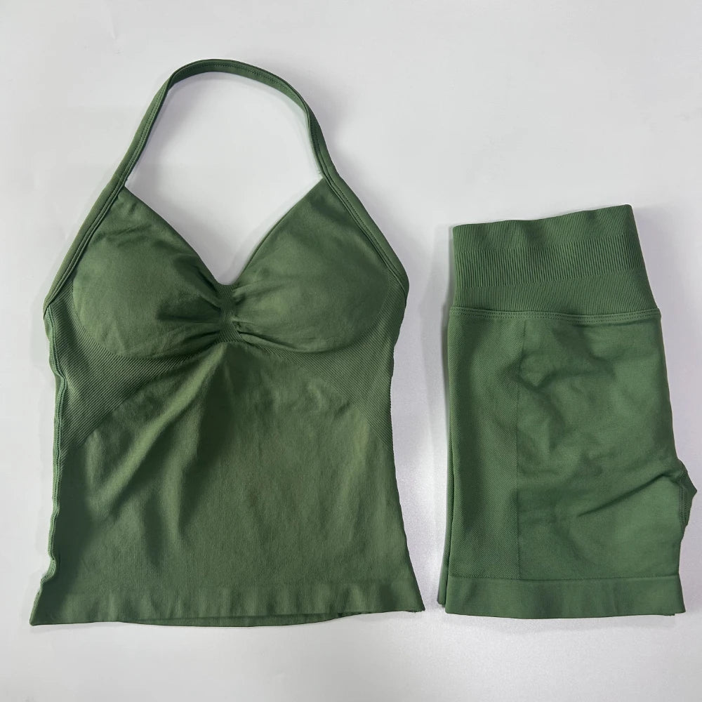 2Pcs Gym Set Women Backless Tank Tops High Waist Scrunch Seamless Shorts Gym Suit Fitness Clothes Activewear Workout Set