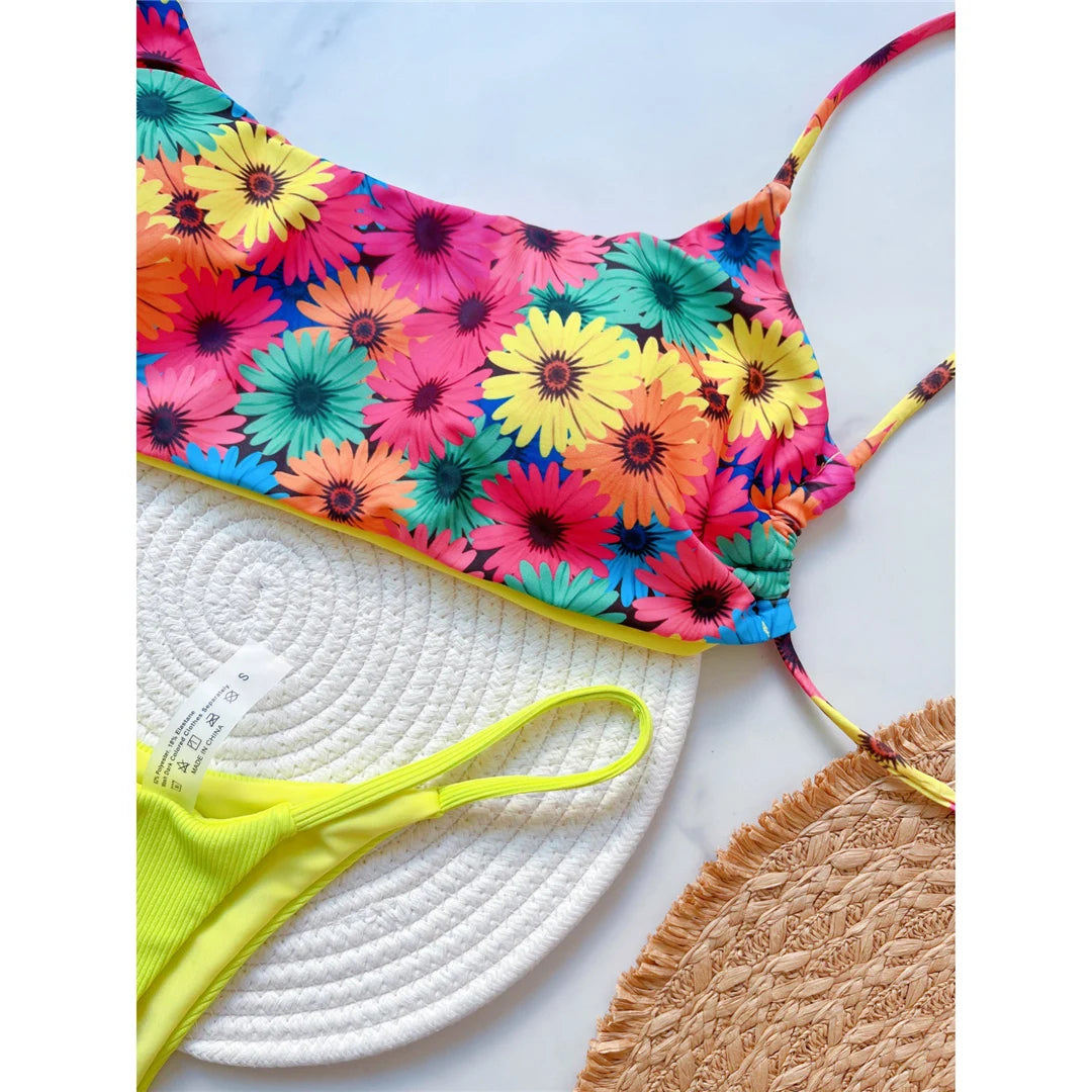 Flowers Printed Mini Thong High Cut Bikini Female Swimsuit Women Swimwear Two-pieces Bikini set Bather Bathing Suit Swim