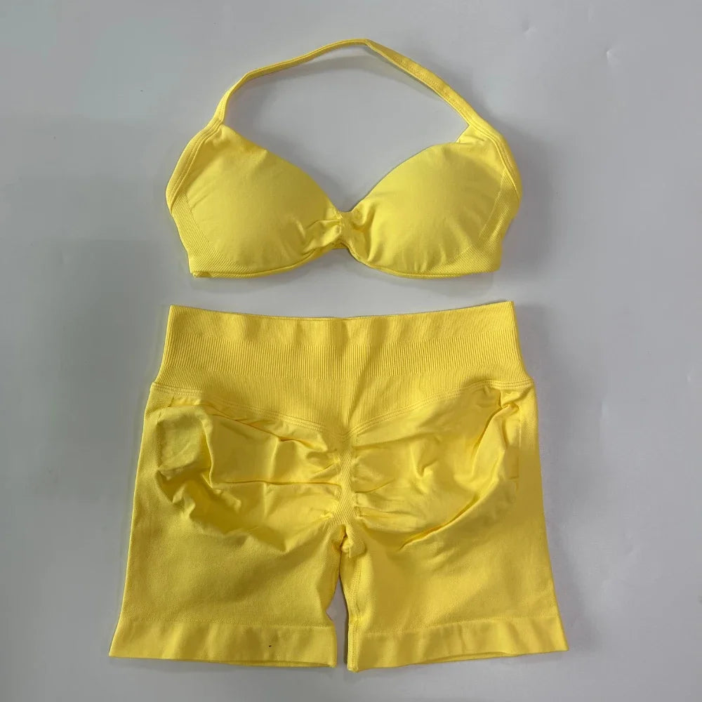 2PCS Gym Set Women Strappy Yoga Bra Top High Waist Workout Scrunch Shorts Sports Suit Seamless Yoga Set Fitness Clothes