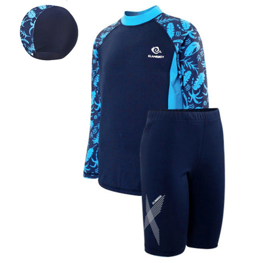 Kids Boys Quick-Dry 3 Piece Rash Guard Swimming Bathing Suit Long Sleeve Swim Tops with Hat Elastic Waistband Trunks Swimsuit