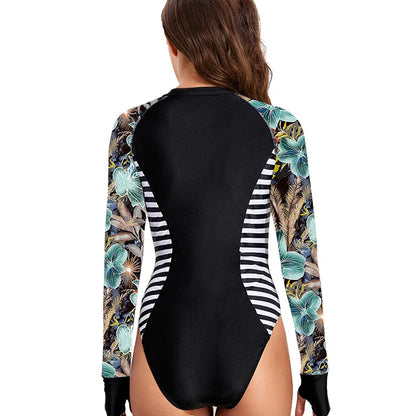 Womens Athletic One Piece Swimsuits Rashguard Long Sleeve Swimsuit Sports Surfing Swimwear Bathing Suits Printed Half Zipper XXL