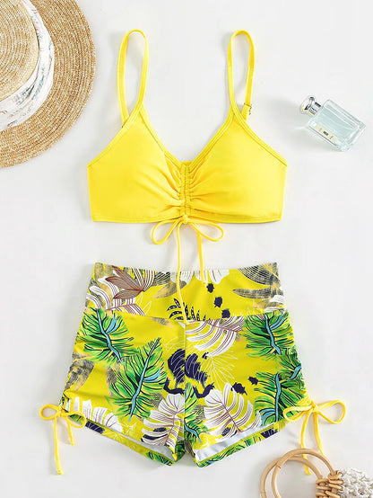 Drawstring Front Shorts Bikinis High Waist Swimsuit Women Swimwear Female Bathers Bathing Swimming Swim Suit Beachwear