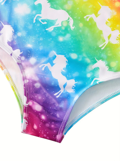 Girls Swimsuit, One-Piece All-Over Print Swimwear, Bikini Cut Bottom, Rainbow Shimmer Pattern, Beach Pool Bathing Style, Summer