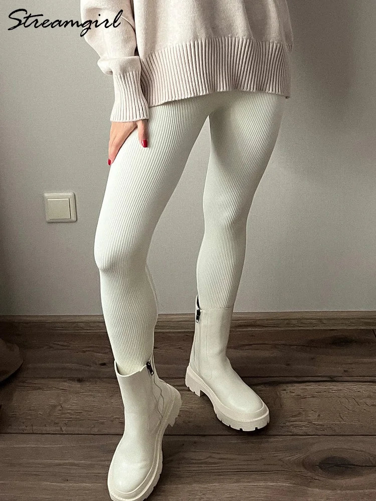 10% Spandex Thermal Leggings Women High Waist Stretch Fitness Tights Spring Black Gym Ribbed Leggings Women Beige