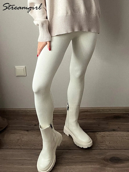10% Spandex Thermal Leggings Women High Waist Stretch Fitness Tights Spring Black Gym Ribbed Leggings Women Beige