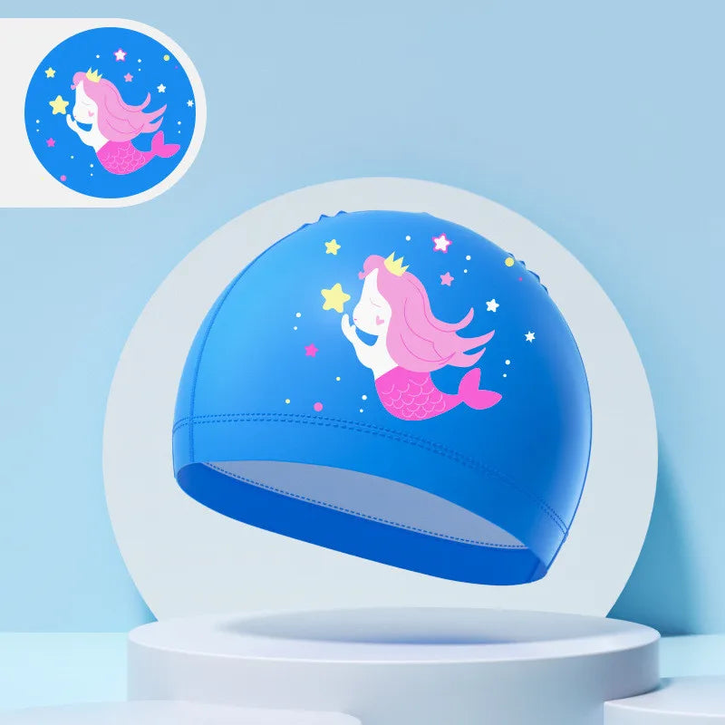 Children's Swimming Caps Boys Girls Kids Cartoon Swim Hat High Elastic Ear Protection PU Waterproof Swimming Cap