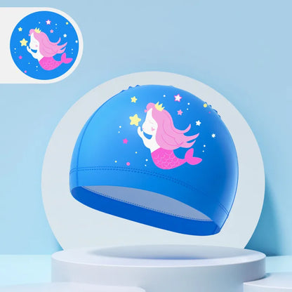 Children's Swimming Caps Boys Girls Kids Cartoon Swim Hat High Elastic Ear Protection PU Waterproof Swimming Cap