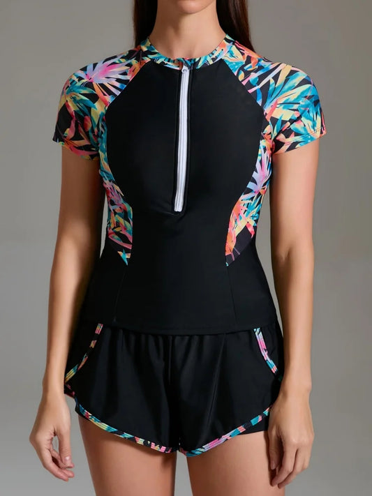 Two Piece Swimsuit Women Print Zipper Short Sleeve Shorts Swimwear Summer Tankini High Waist Beach Bathing Suit Female