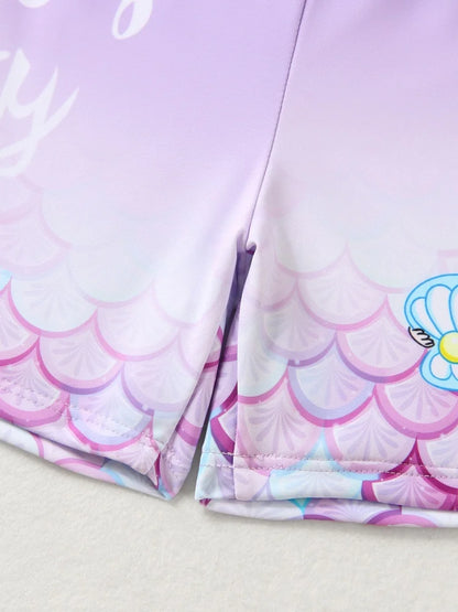 Girls Kids Swimsuit Purple Mermaid Short Sleeve Children Swimwear Summer 2 Piece Shorts Beachwear Bathing Suit Swimming