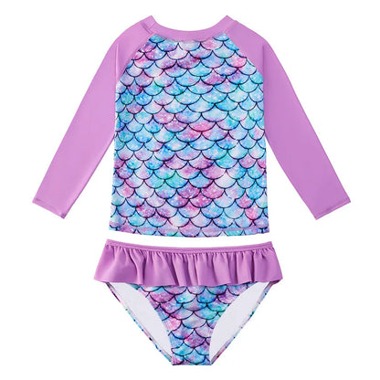 Children's Mermaid Split Bathing Suit Baby Girl Fish Scale 3D Printing Sunblock Swimsuit Kids Long Sleeves Top+Bikini 2Pcs Set