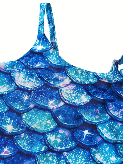 Bikini-cut Bottom Girls Swimsuit, One-Piece Sleeveless 3D Scale Print Swimwear, Beach Half Backless, Kids Ages 3-12 Swim, Summer