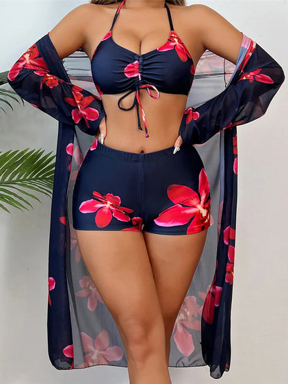 S - XL Long Sleeve Cover Up Flowers Bikini Female Swimsuit Three-pieces Bikini set Women Swimwear Bather Bathing Suit Swim