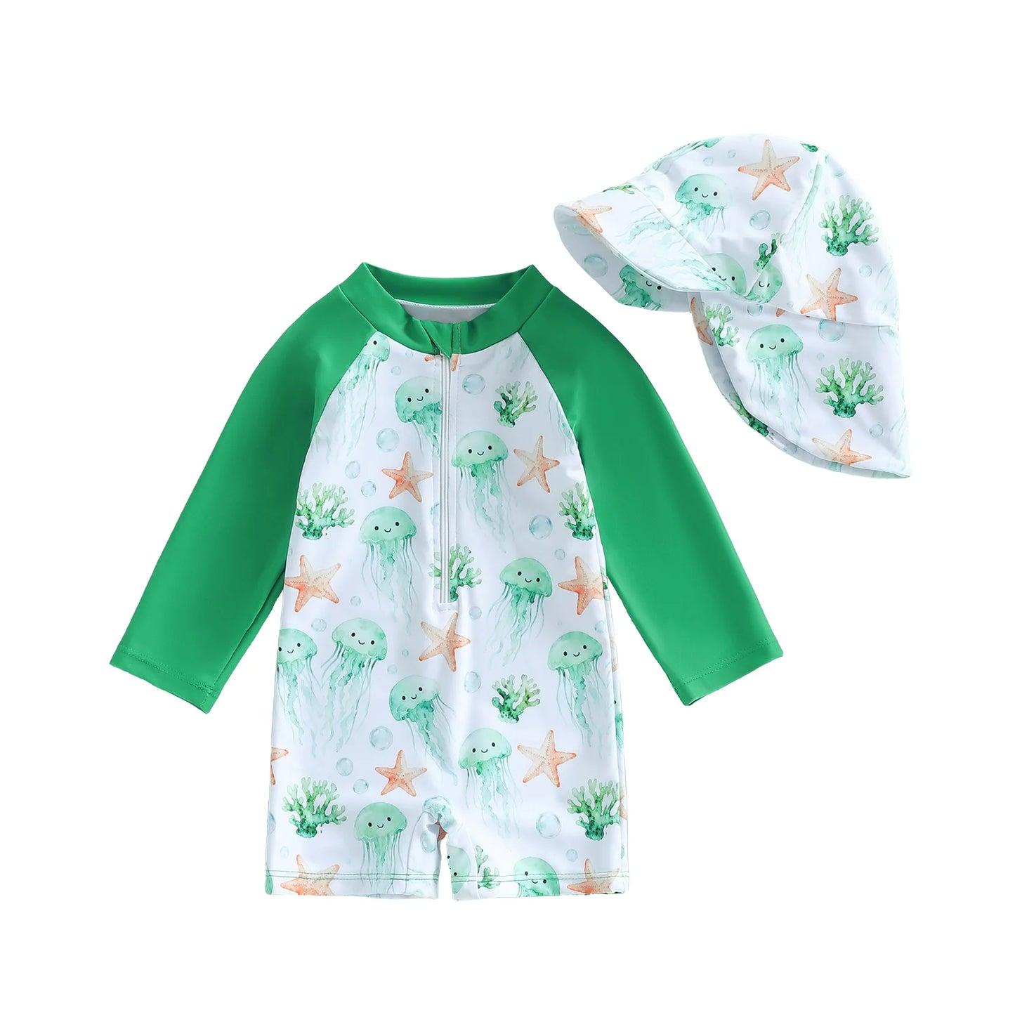 Summer Toddler Kids Baby Boy Rash Guard Swimsuits Animal Print Zipper Long Sleeve Bathing Suits with Swim Cap Swimwear