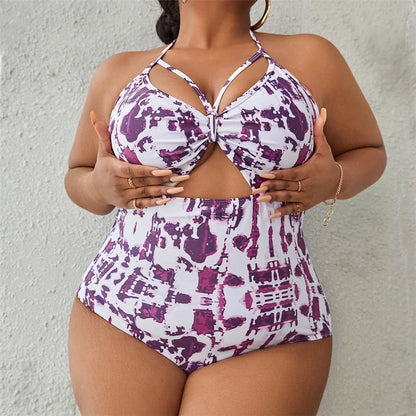 0XL - 4XL Printed Cut Out Halter Large Size Swimwear Plus Size One Piece Swimsuit Female Women Bather Bathing Suit Swim