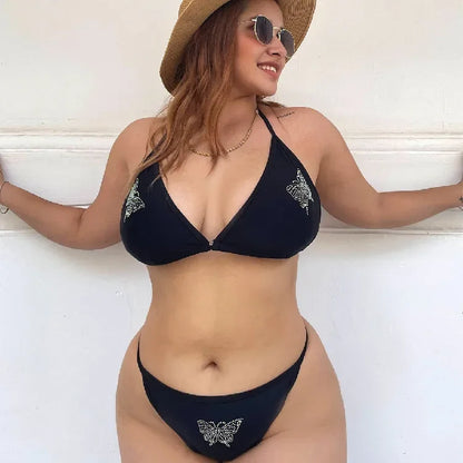 Plus Size Bikini Women Swimsuit Butterfly Diamond Shiny Swimwear Strappy Bandage Bathing Suit Designer Swimsuit 2 Piece Set