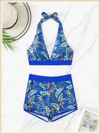 Halter Bikini Women High Waist Swimwear Female Swimsuit Leaf Printed Beachwear Bathing Swimming Suit Summer Beachwear