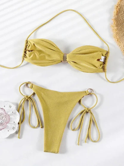 Solid Bathing Suit for Women Halter Ring Linked Tie Side Bikini Sets Two Piece Swimsuit With Ring Bra