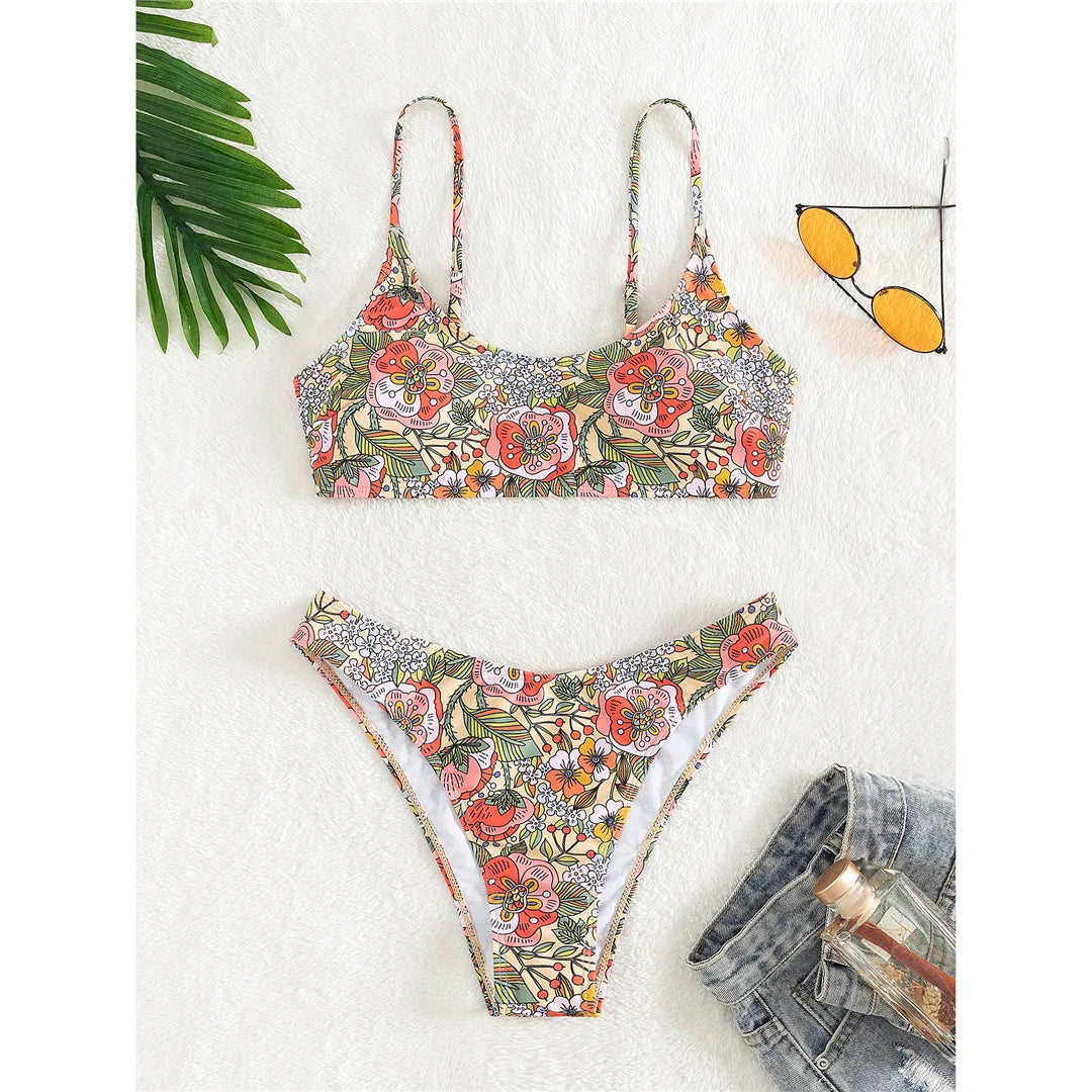 Floral Printed Brazilian Mid Waist Bikini Women Swimwear Female Swimsuit Two-pieces Bikini set Bather Bathing Suit Swim
