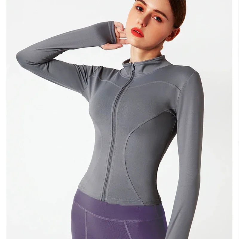 Slim Fit Lightweight Jackets With Thumb Holes Women's Full Zip-up Yoga Sports Running Jacket  For Workout