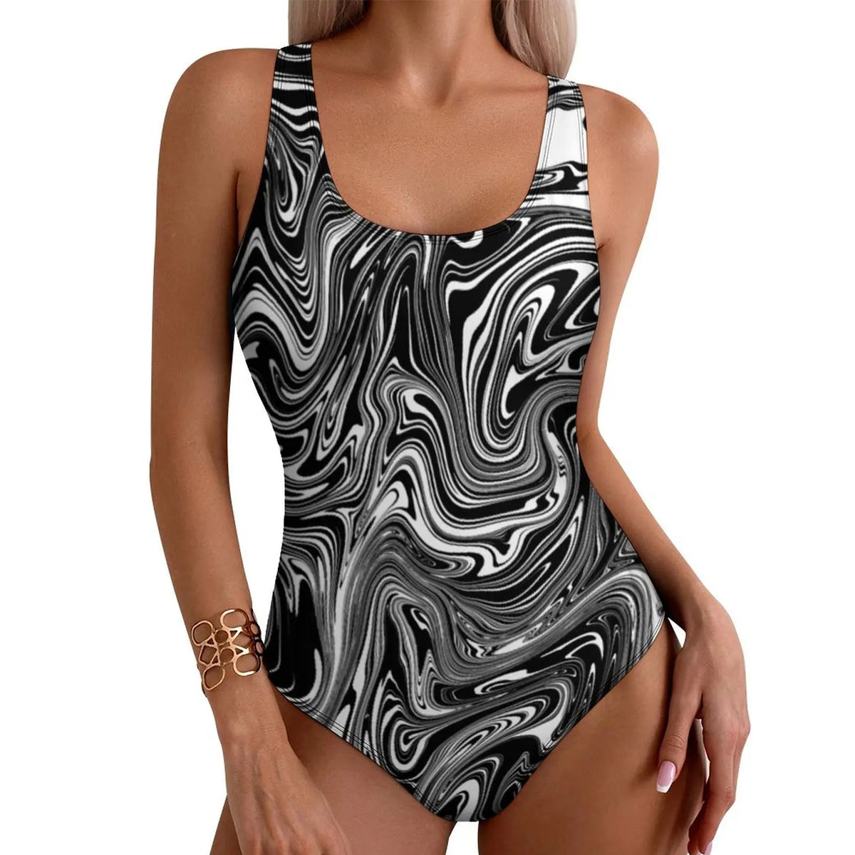 Women's Green & Gold Marble-Print One-Piece Swimsuit