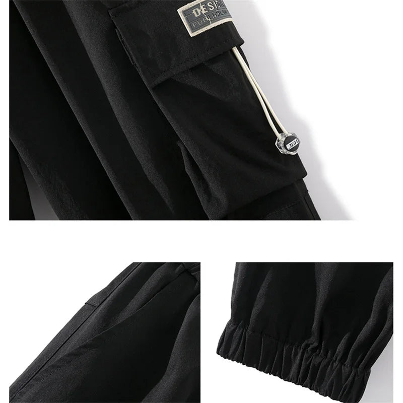 Streetwear Spring Harem Casual Pants Men Elastic Waist Solid Color Cargo Pants Multi Pocket Loose Baggy Pants For Men