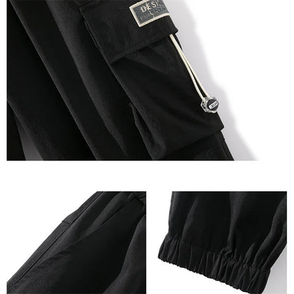 Streetwear Spring Harem Casual Pants Men Elastic Waist Solid Color Cargo Pants Multi Pocket Loose Baggy Pants For Men