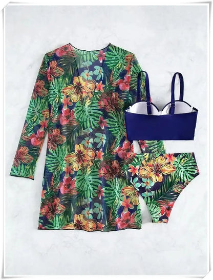 3 Piece Bikini Set Women Cover Up Swimwear Female Tropical Printed Swimsuit Push Up Beachwear Long Sleeve Bathing Suit
