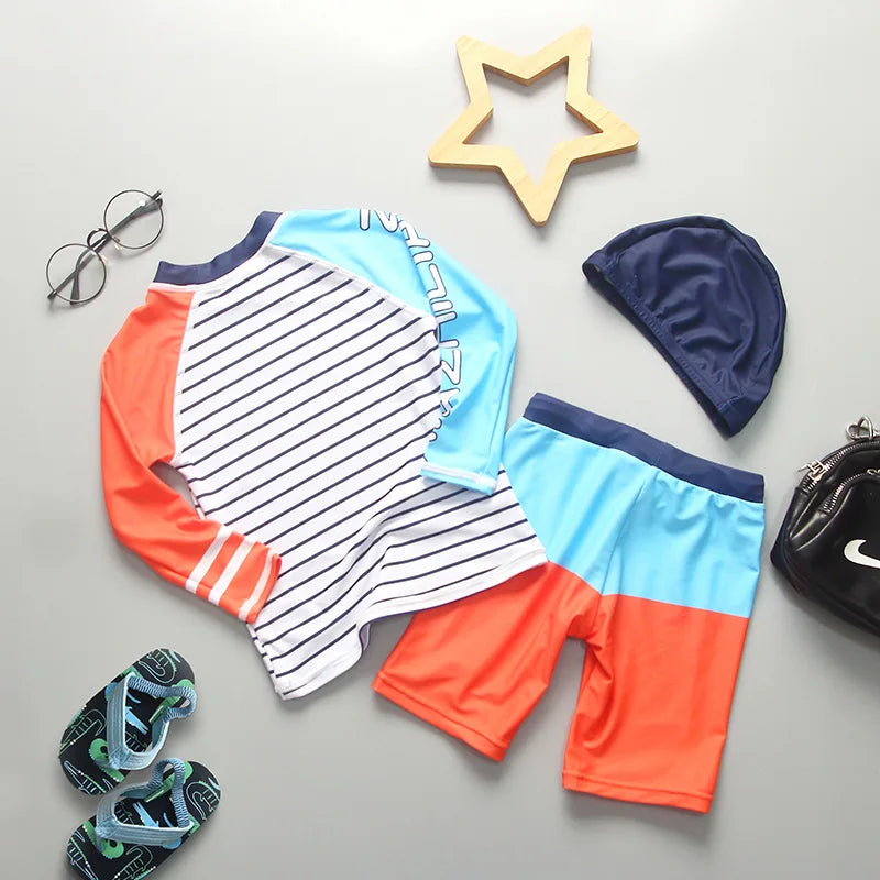 Boys' Stripe & Shark Long-Sleeve Rash Guard Set with Shorts & Cap