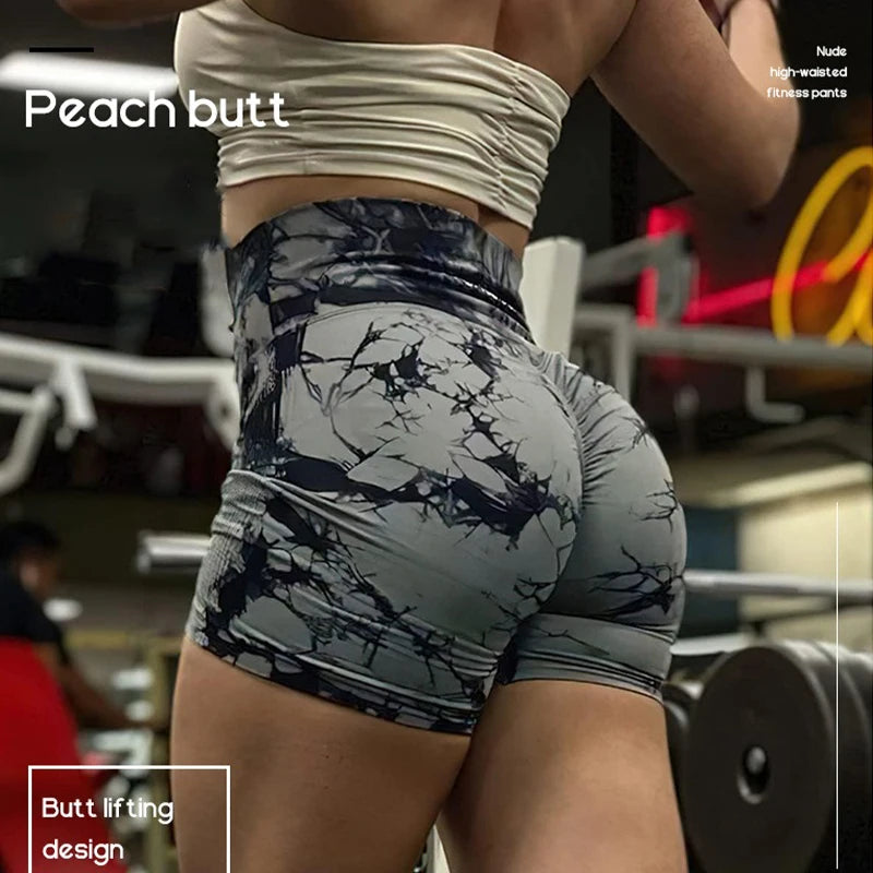 High Waisted Tie Dyeing Yoga Shorts Women's Scrunch Butt Seamless Leggings Quick Drying Athletic Workout Gym Bottoms