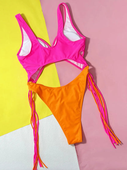 Splicing High Cut Out One Piece Swimsuit Women Tassel Swimwear Female Bathing Suit String Leopard Bikini Monokini Lady