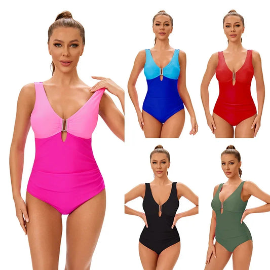 Woman's Color Block One-Piece Swimsuit V-Neck Backless Design with High-Cut Swimwear Swimming Suit for Women