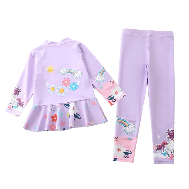 Swimsuit for Girls Long Sleeve Ruffles Girls Swimwear Cartoon Print Separate Bathing Suit Kids 2 Pcs Beach Surfing Swimming Wear