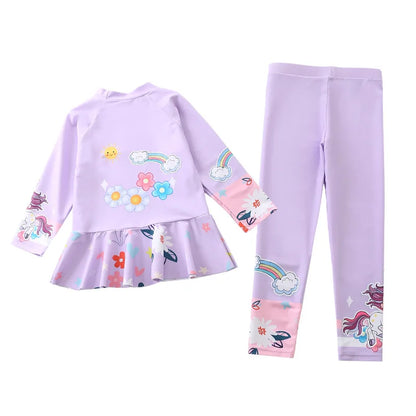 Swimsuit for Girls Long Sleeve Ruffles Girls Swimwear Cartoon Print Separate Bathing Suit Kids 2 Pcs Beach Surfing Swimming Wear