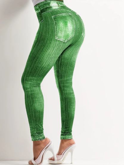 Plus Size Faux Denim Leggings with Chic Line Pattern Trendy High-Stretch Knit Pants Fashionable & Comfortable