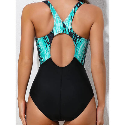 Printed One Piece Swimsuit Women Hollow Out Backless Triangle Sport Swimwear Bathing Suit Professional Swimming