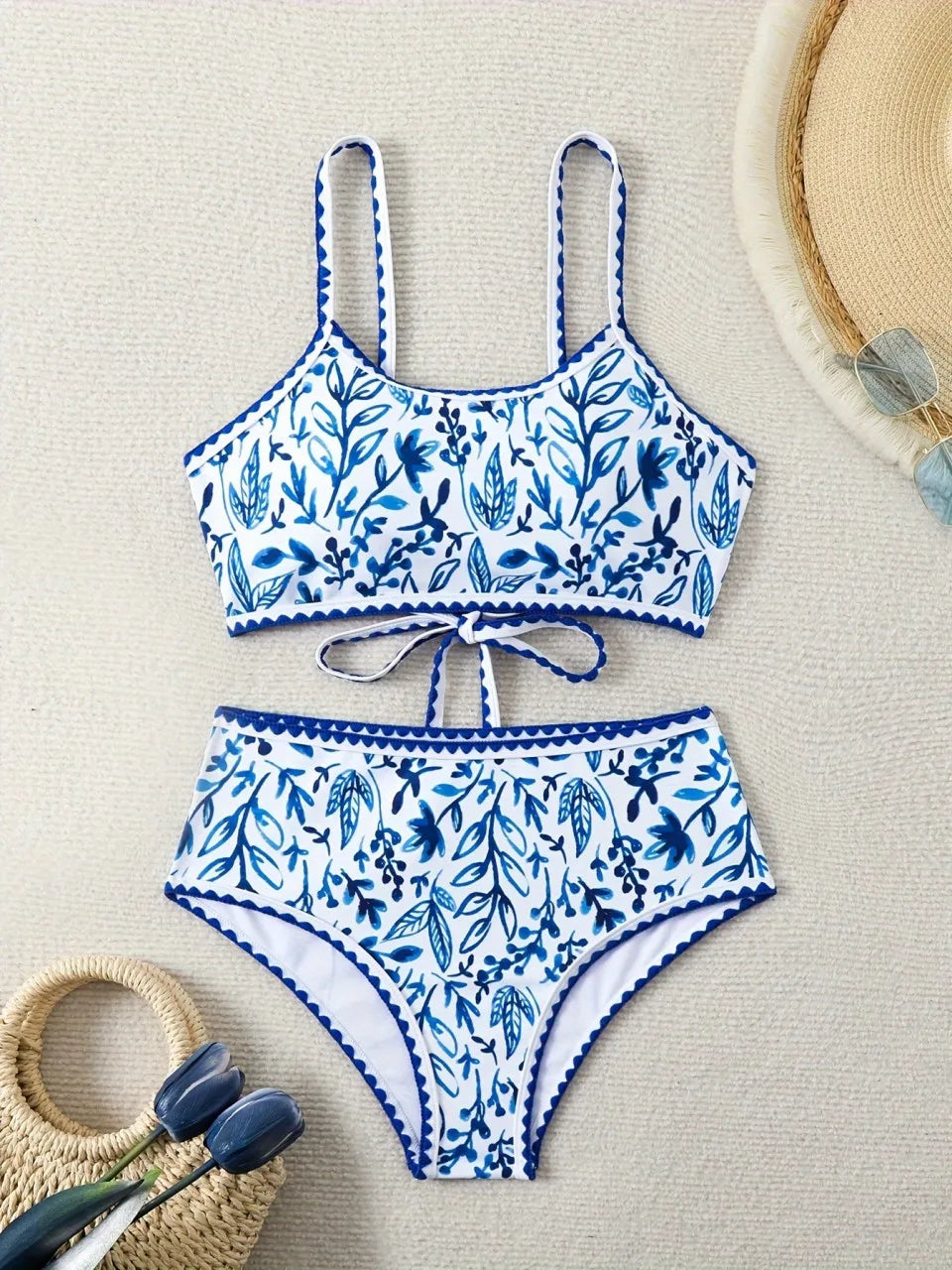 Strappy Bikinis Printed Triangle Swimwear Female Stitch Detail Swimsuit Women Bather Bathing Swimming Suit Beachwear