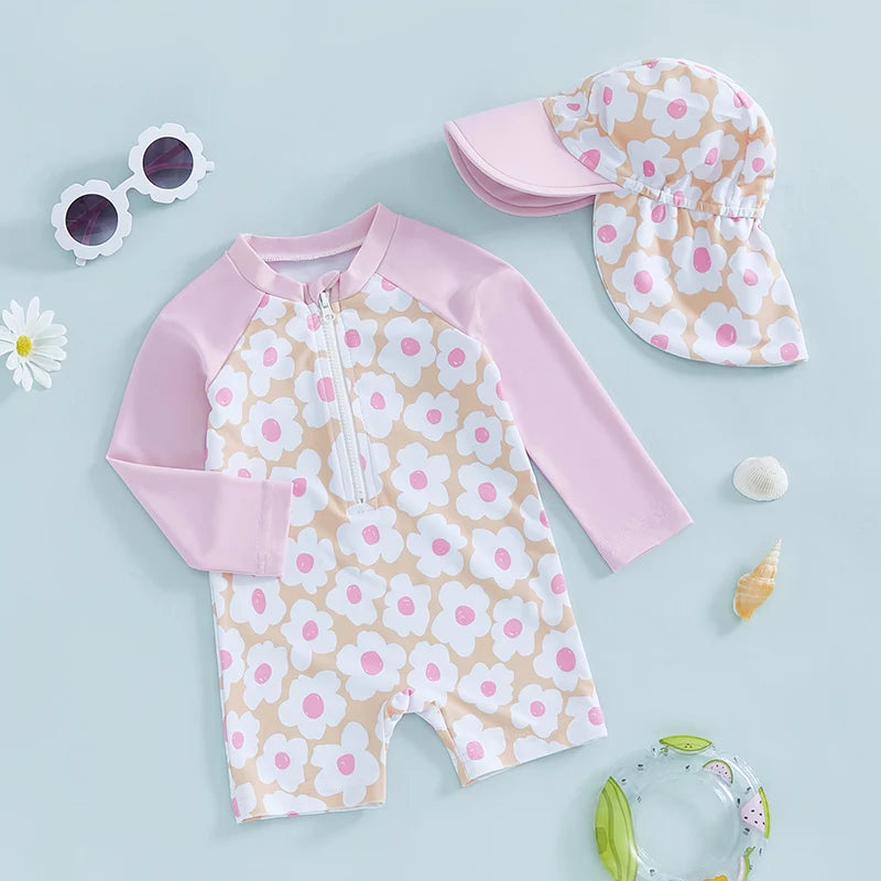Toddler Girl Long Sleeve Swimsuit Floral Flamingo Print Half Zipper Non-Pilling Rash Guard Swimwear Sunhat Set