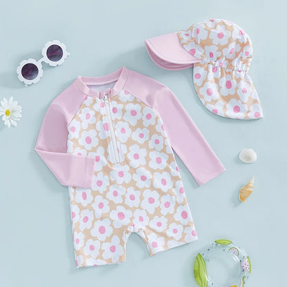 Toddler Girl Long Sleeve Swimsuit Floral Flamingo Print Half Zipper Non-Pilling Rash Guard Swimwear Sunhat Set