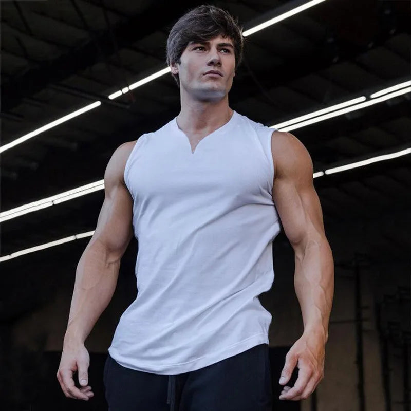 Cotton V-neck Fitness Tank Top Men Summer Muscle Vest Gym Clothing Bodybuilding Sleeveless Shirt Workout Sports Singlets