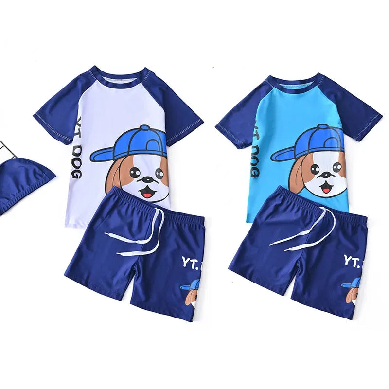 Children's Swimming Suit Teenage Boys' Swimsuits with Cap Cartoon Dog Sun Protection Short Sleeved Sports Swimwear Kids