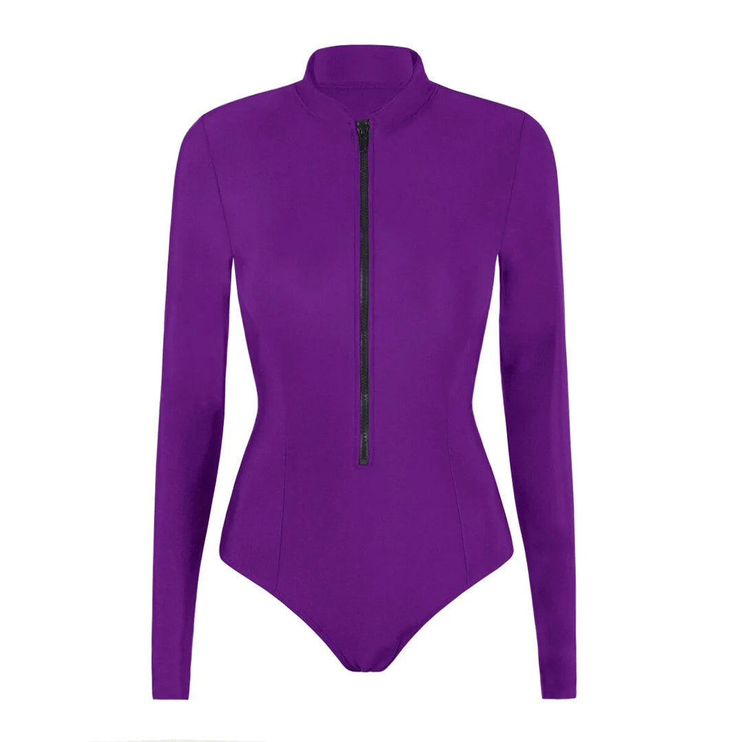 S - 2XL 4 Colors Long Sleeve With Zipper Surf Rash Guard One Piece Swimsuit Women Swimwear Female Bather Bathing Suit Swim