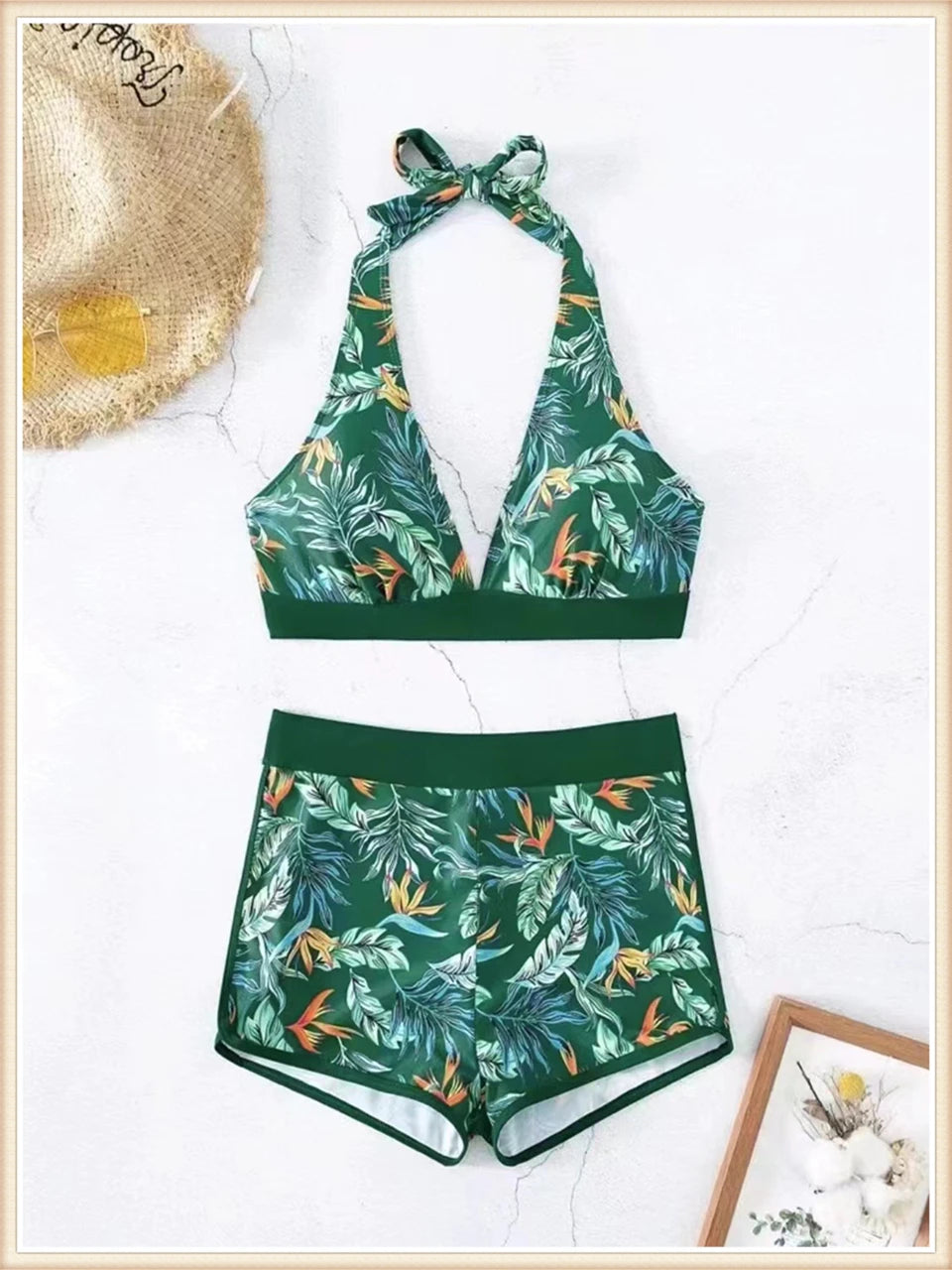 Halter Bikini Women High Waist Swimwear Female Swimsuit Leaf Printed Beachwear Bathing Swimming Suit Summer Beachwear