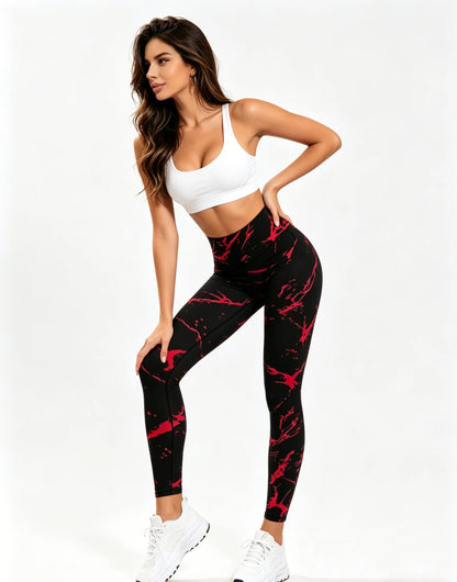 Yoga Pants Women's Apparel Black and Red Marble Print Breathable and Moisture-Wicking Ideal for Yoga and Tennis