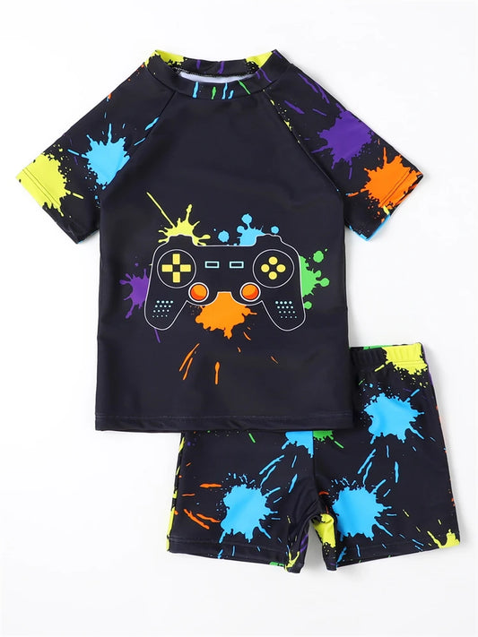 Boy Swimsuit Game Graffiti Short Sleeve Children Swimwear Summer Two Piece Kids Beach Wear Swimming Bathing Suit Boys
